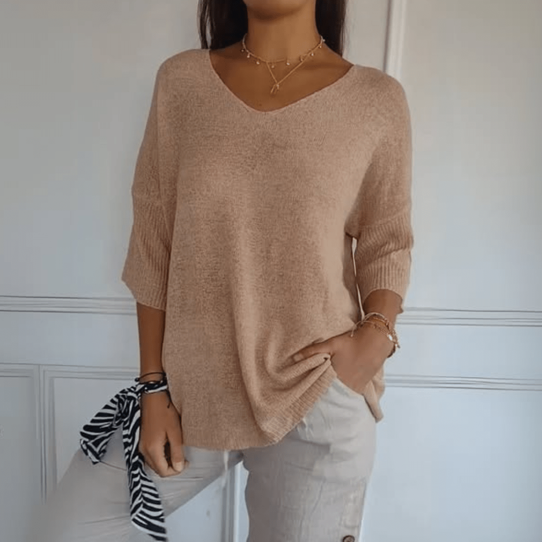 Dzianinowy sweter damski z dekoltem V – luźny krój