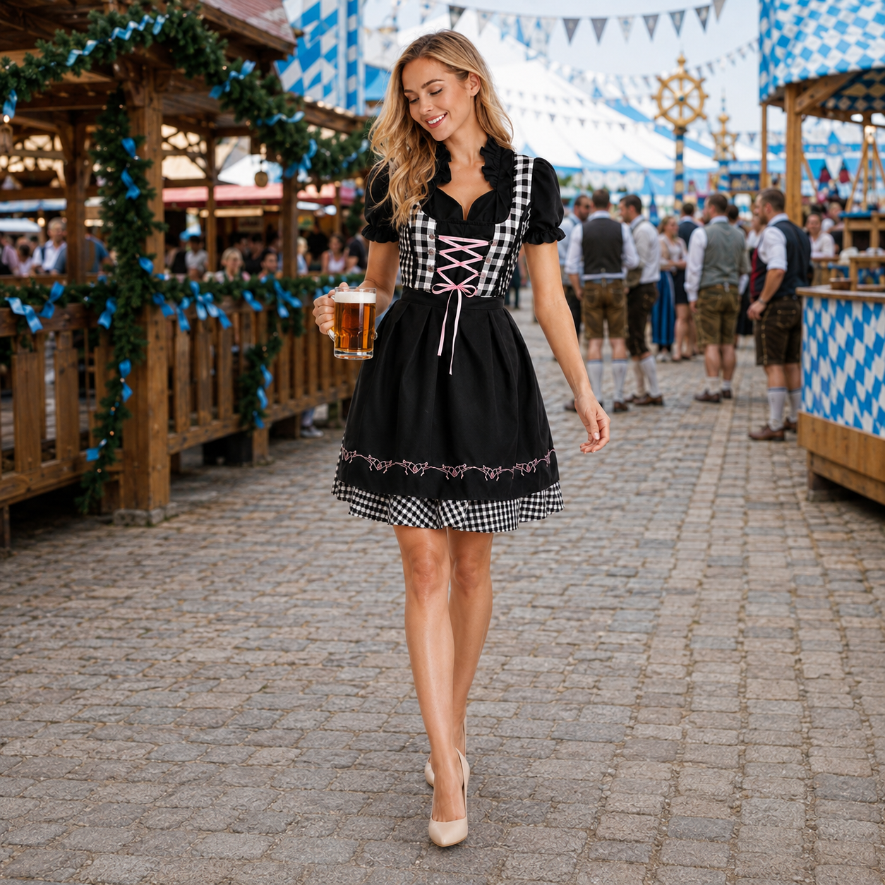Sukienka dirndl tyrolska damska w kratę – bawełna, czerwono-czarna, z bluzką