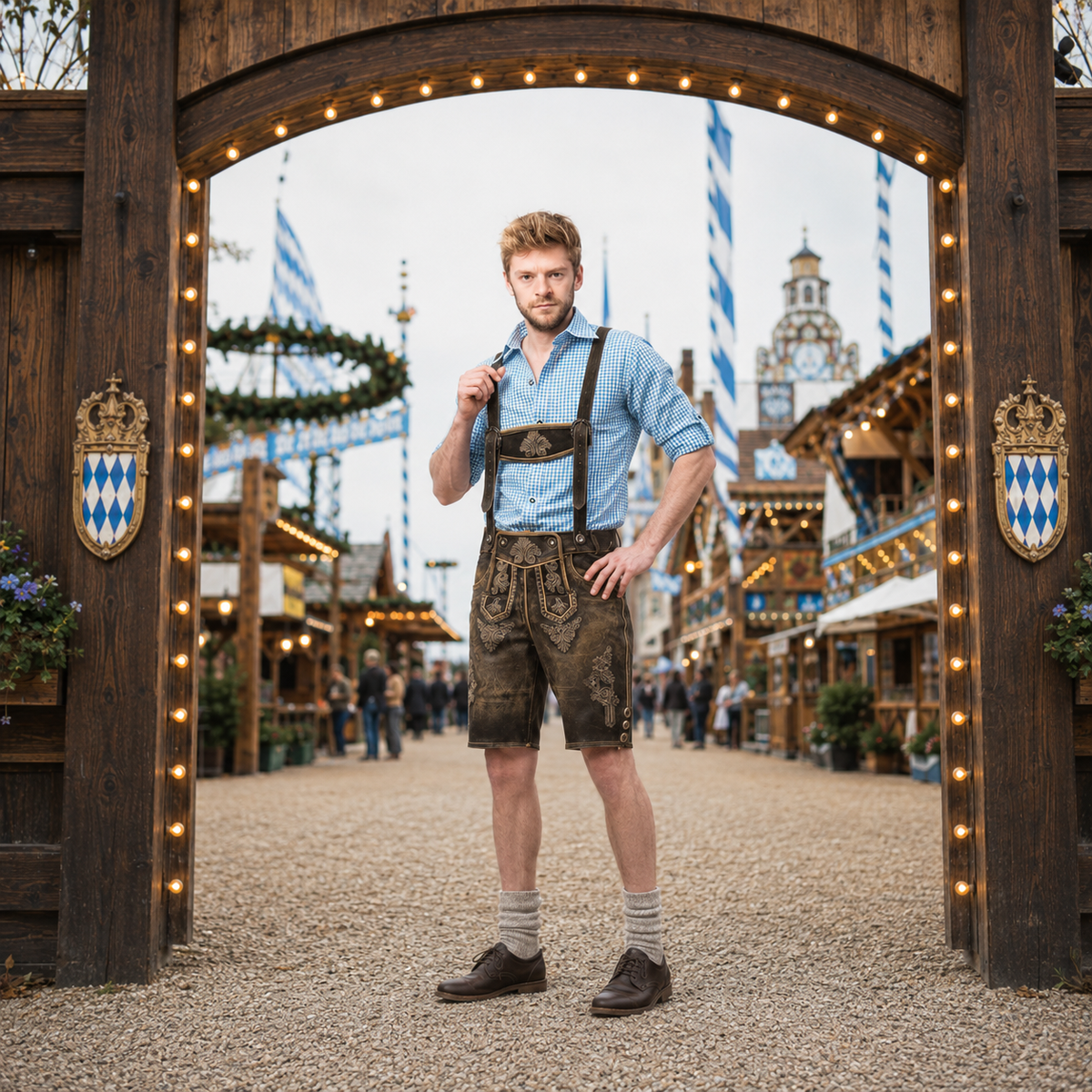 Skórzane spodnie lederhosen męskie – skóra bydlęca, krótkie, na Oktoberfest