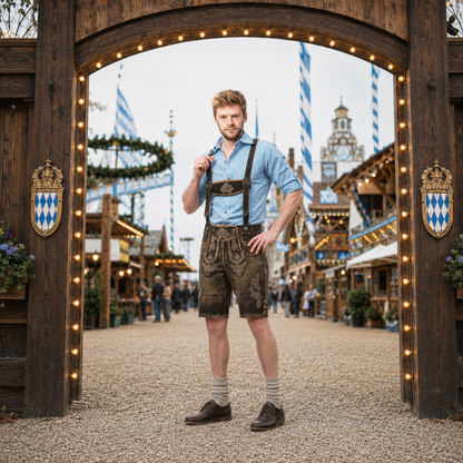 Skórzane spodnie lederhosen męskie – skóra bydlęca, krótkie, na Oktoberfest