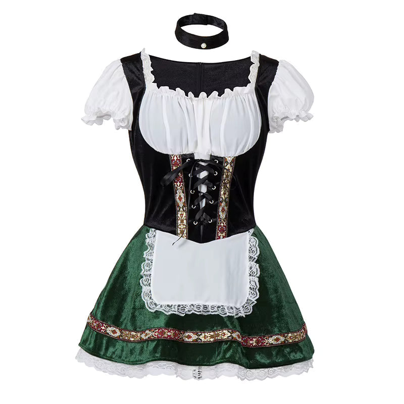 Sukienka dirndl damska ze sznurowanym gorsetem – bawełna, z bufiastymi rękawami, na Oktoberfest
