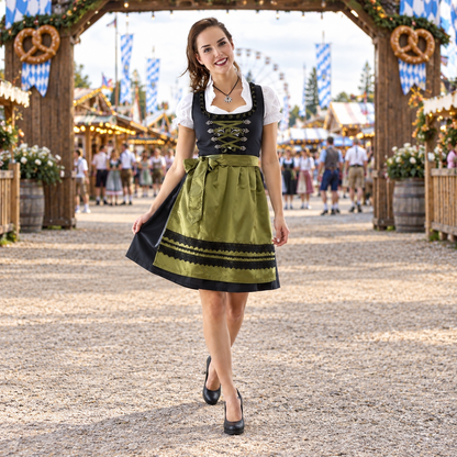 Sukienka dirndl damska z bluzką – bawełna, czarno-oliwkowa, na Oktoberfest