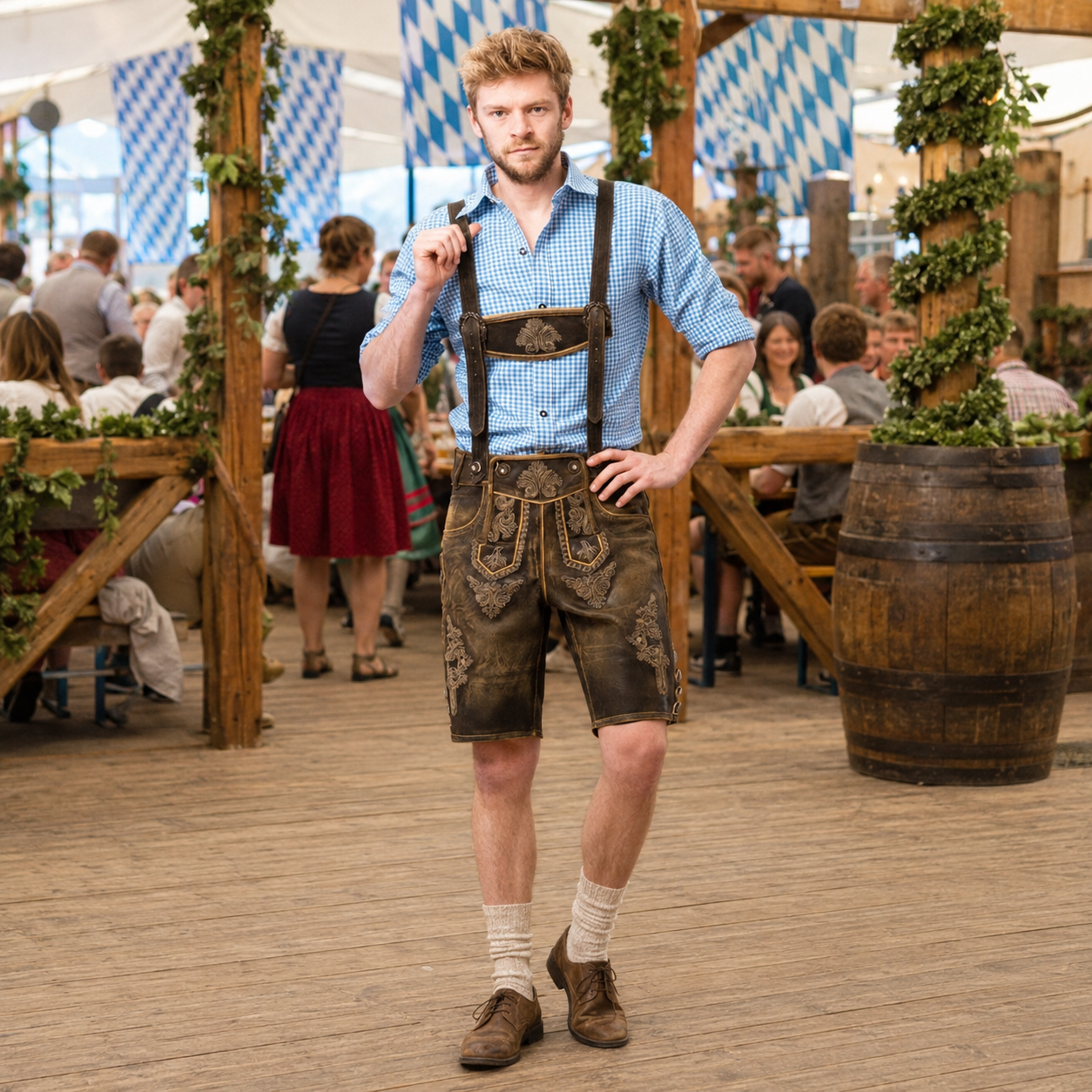 Skórzane spodnie lederhosen męskie – skóra bydlęca, krótkie, na Oktoberfest