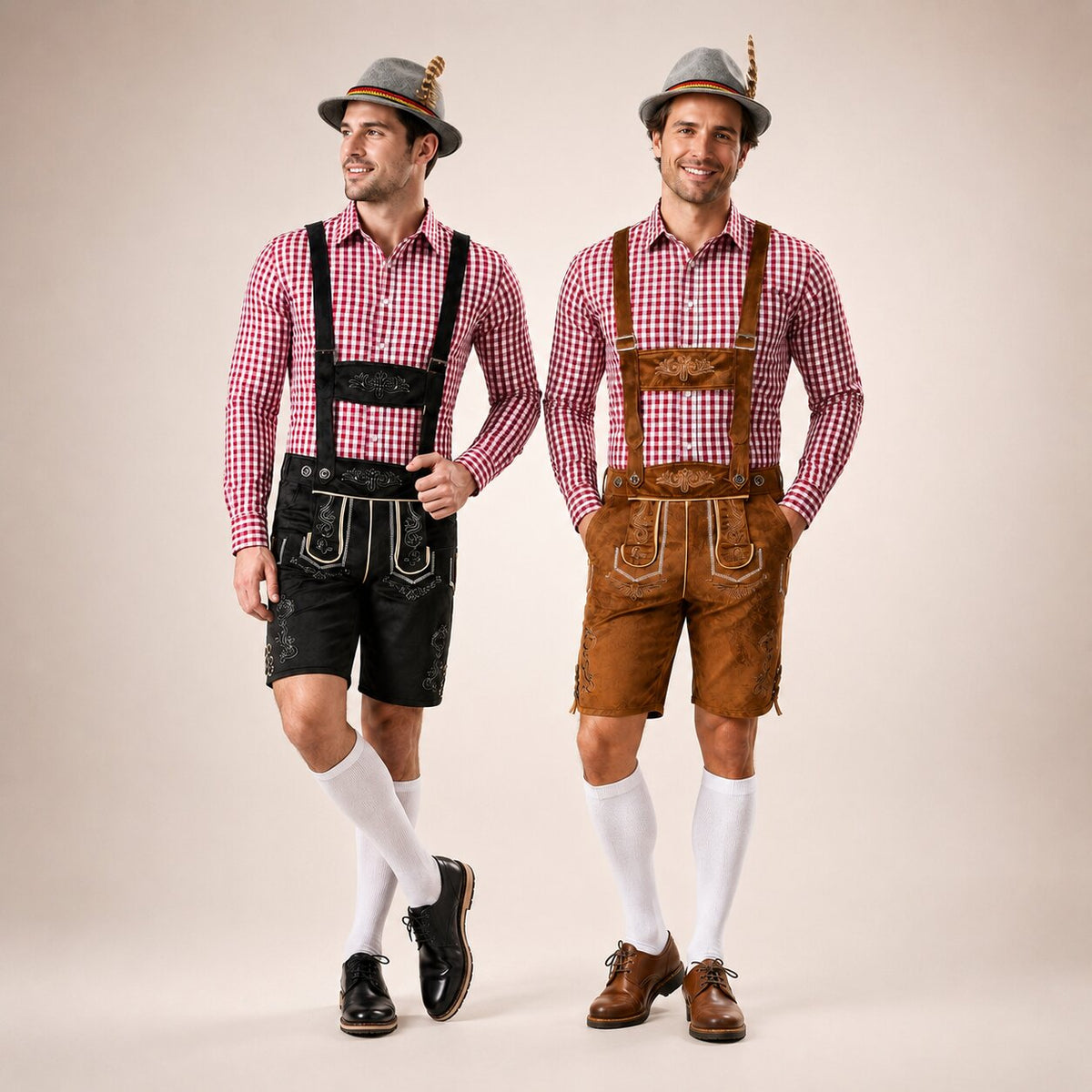 Męski komplet na Oktoberfest – lederhosen, koszula w kratę, skarpety i kapelusz
