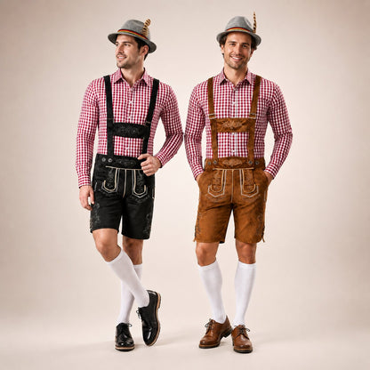 Męski komplet na Oktoberfest – lederhosen, koszula w kratę, skarpety i kapelusz