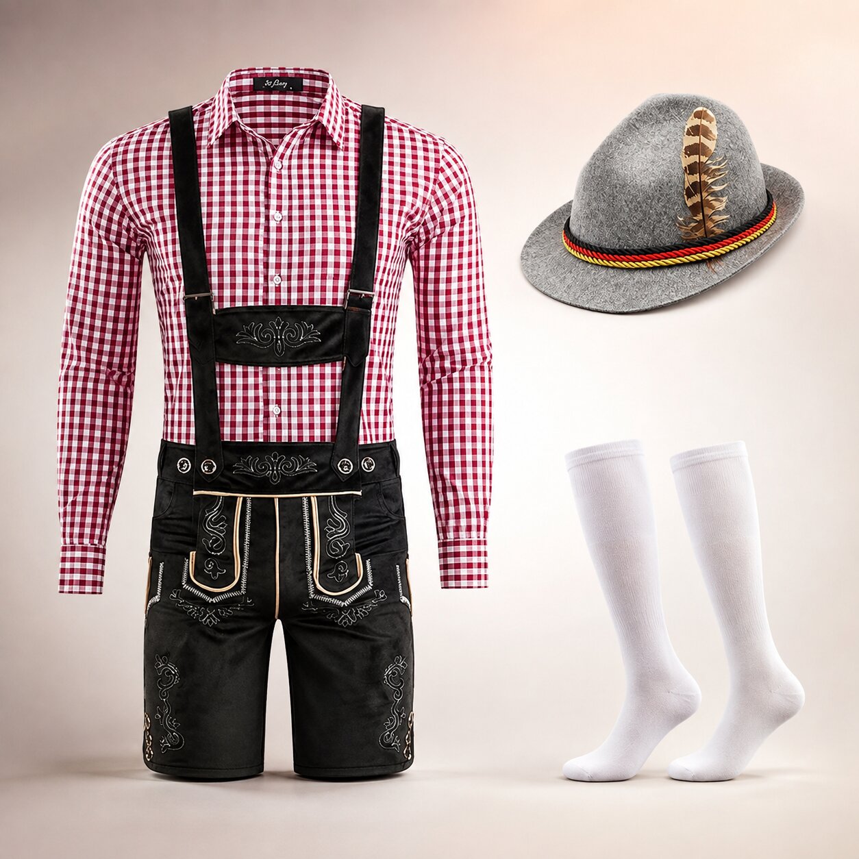 Męski komplet na Oktoberfest – lederhosen, koszula w kratę, skarpety i kapelusz