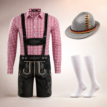 Męski komplet na Oktoberfest – lederhosen, koszula w kratę, skarpety i kapelusz