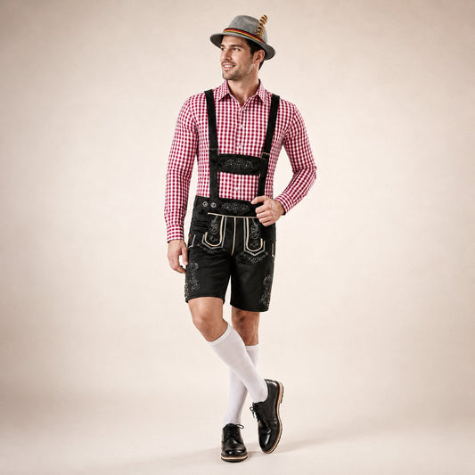 Męski komplet na Oktoberfest – lederhosen i koszula w kratę