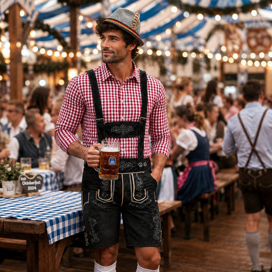 Komplet lederhosen z szelkami i koszulą w kratę – wersja brązowa