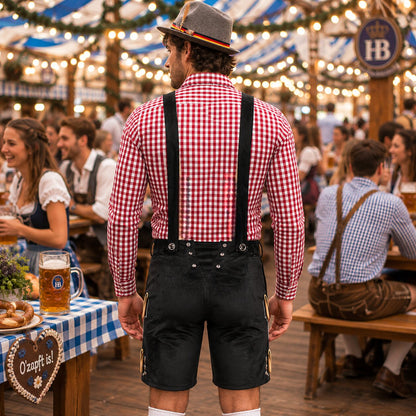 Męski komplet na Oktoberfest – lederhosen, koszula w kratę, skarpety i kapelusz