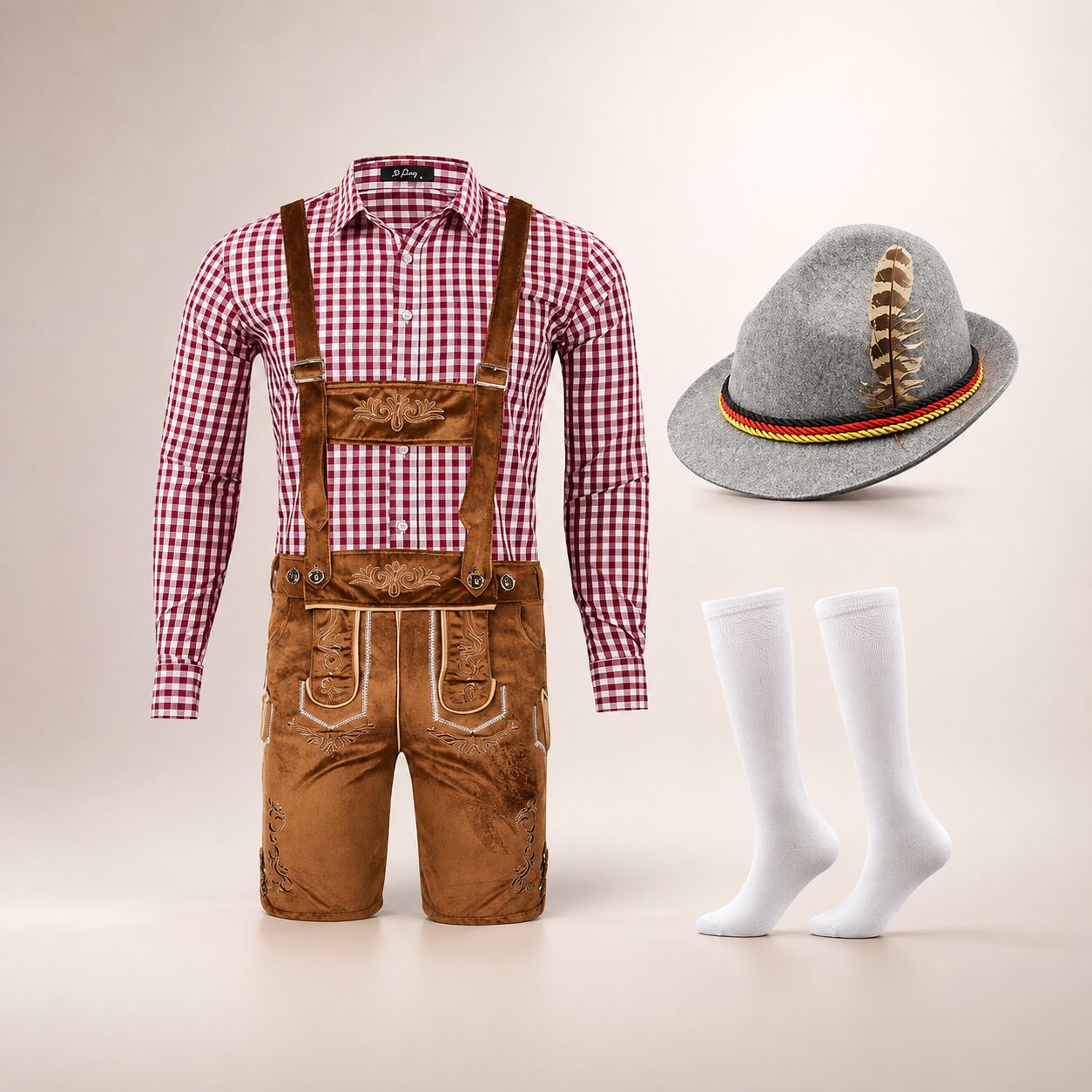 Męski komplet na Oktoberfest – lederhosen, koszula w kratę, skarpety i kapelusz