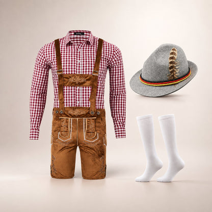 Męski komplet na Oktoberfest – lederhosen, koszula w kratę, skarpety i kapelusz