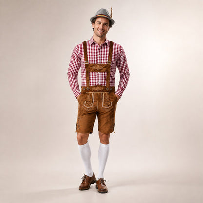 Męski komplet na Oktoberfest – lederhosen, koszula w kratę, skarpety i kapelusz