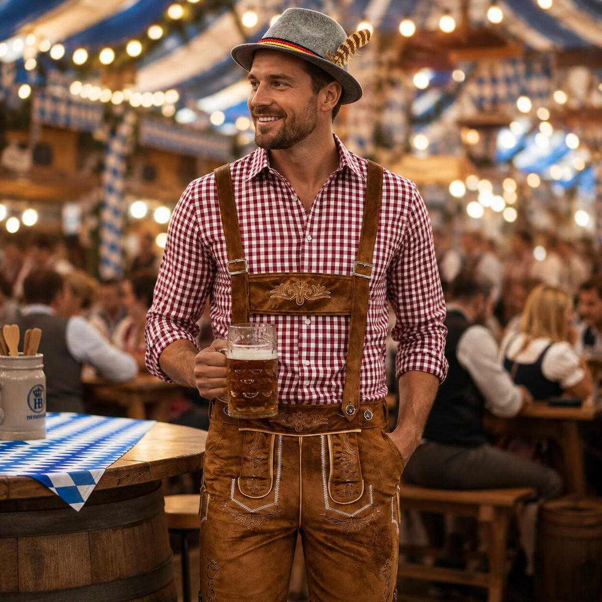 Męski komplet na Oktoberfest – lederhosen, koszula w kratę, skarpety i kapelusz