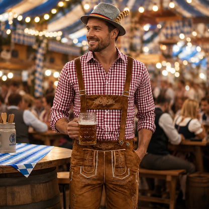 Męski komplet na Oktoberfest – lederhosen, koszula w kratę, skarpety i kapelusz