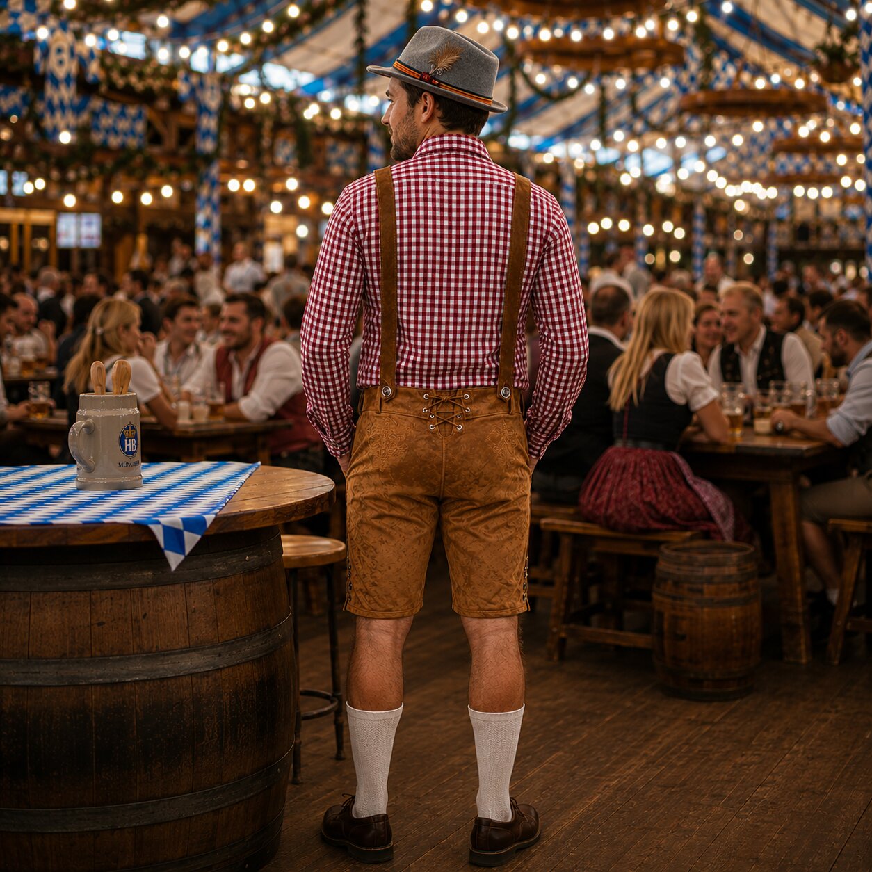 Męski komplet na Oktoberfest – lederhosen, koszula w kratę, skarpety i kapelusz