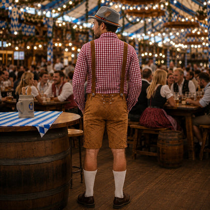 Męski komplet na Oktoberfest – lederhosen, koszula w kratę, skarpety i kapelusz