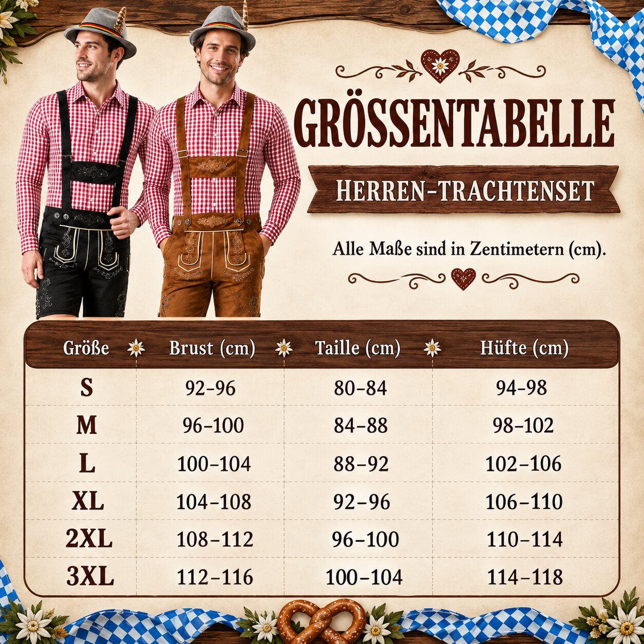 Męski komplet na Oktoberfest – lederhosen, koszula w kratę, skarpety i kapelusz