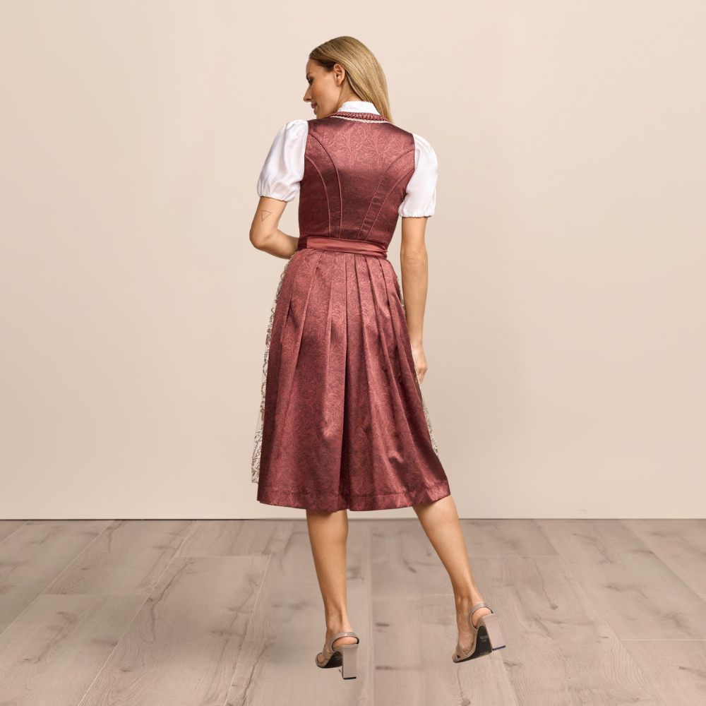 Sukienka dirndl damska – bawełna, czerwona, z haftowanym fartuszkiem, na Oktoberfest