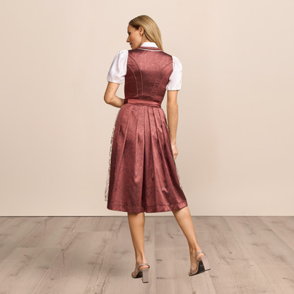 Sukienka dirndl damska – bawełna, czerwona, z haftowanym fartuszkiem, na Oktoberfest