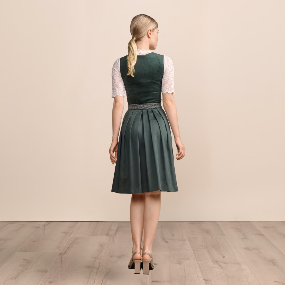 Sukienka dirndl damska z aksamitnym gorsetem – bawełna, ciemnozielona, na Oktoberfest