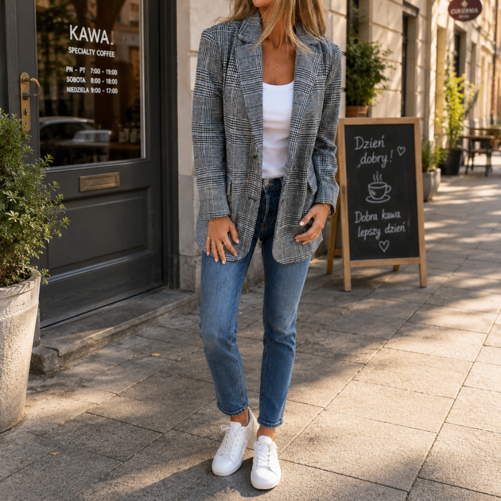 Elegancka marynarka w kratę – stylizacja do biura