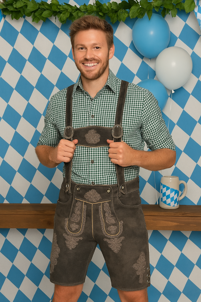 Skórzane spodnie lederhosen męskie – skóra bydlęca, krótkie, na Oktoberfest