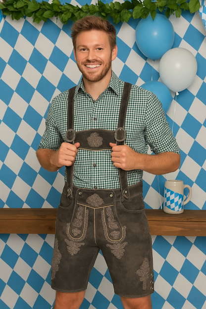 Skórzane spodnie lederhosen męskie – skóra bydlęca, krótkie, na Oktoberfest