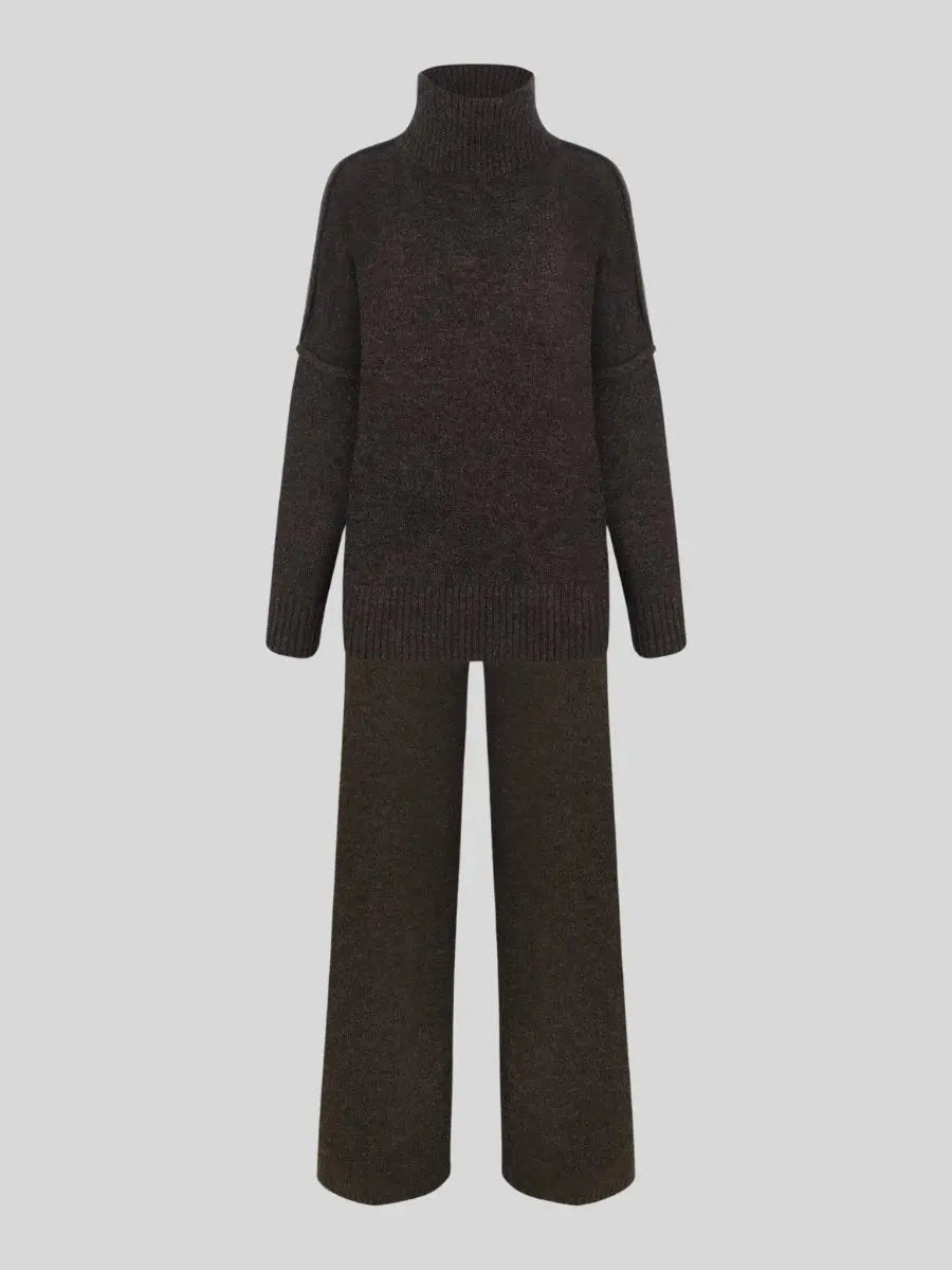 Dzianinowy komplet damski – sweter i szerokie spodnie, jednolity
