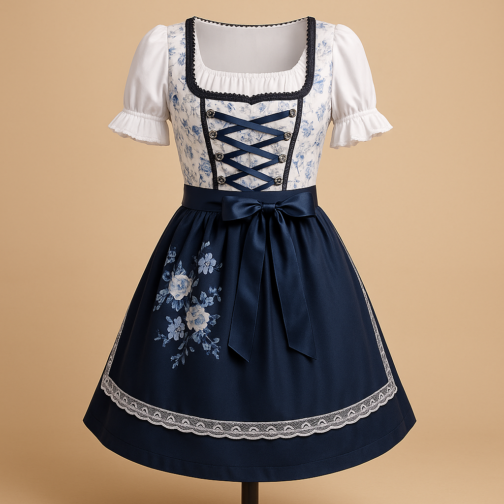 Damska sukienka dirndl z koronką i fartuszkiem z bawełny – niebieska, na Oktoberfest