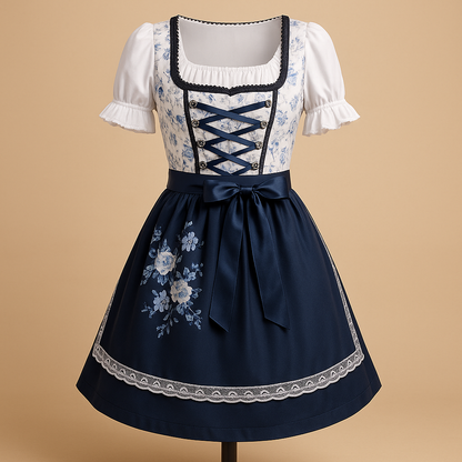 Damska sukienka dirndl z koronką i fartuszkiem z bawełny – niebieska, na Oktoberfest