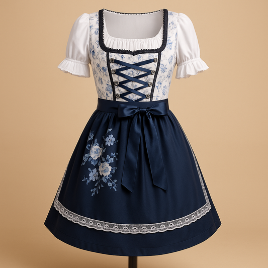 Damska sukienka dirndl z koronką i fartuszkiem z bawełny – niebieska, na Oktoberfest